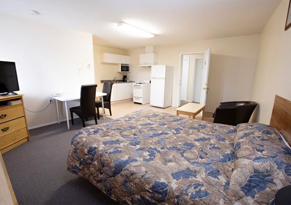 Queen Bed room with cable, sofa, small kitchen, office space and refrigerator 