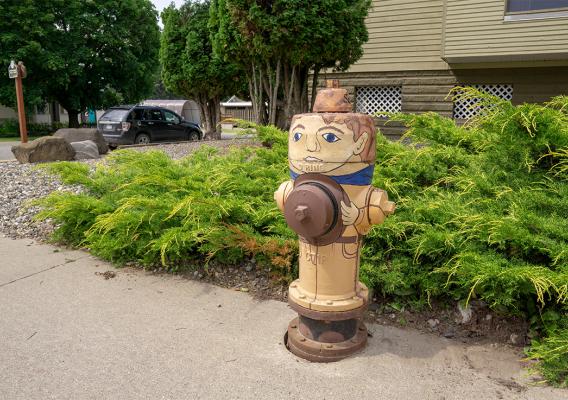 Painted fire hydrant character on the self-guided walking tour